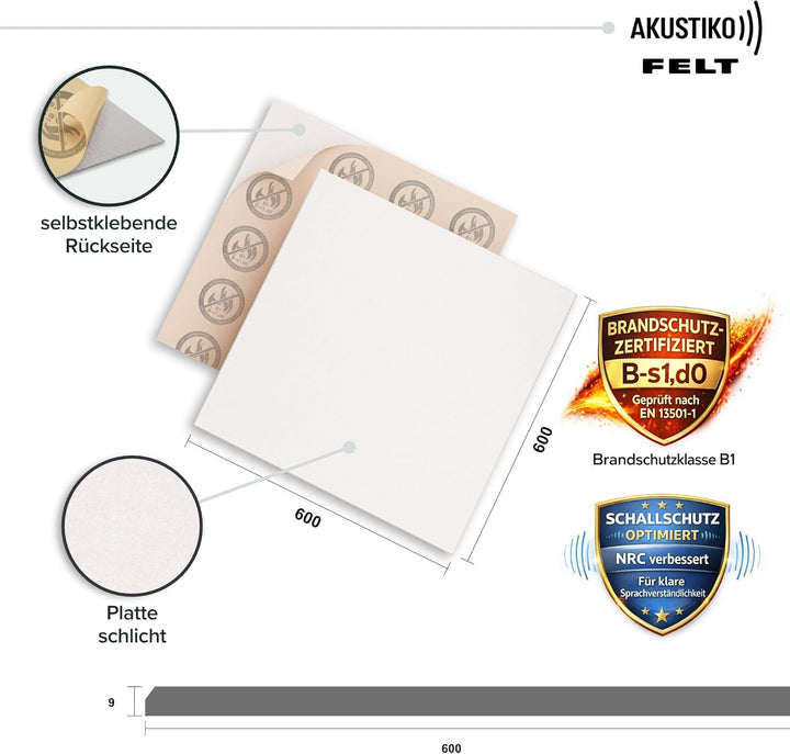 AKUSTIKO Akustikpaneele Selbstklebend 60x60cm - 1 Stück Warmweiss Akustik Wandpaneele Brandschutzkla