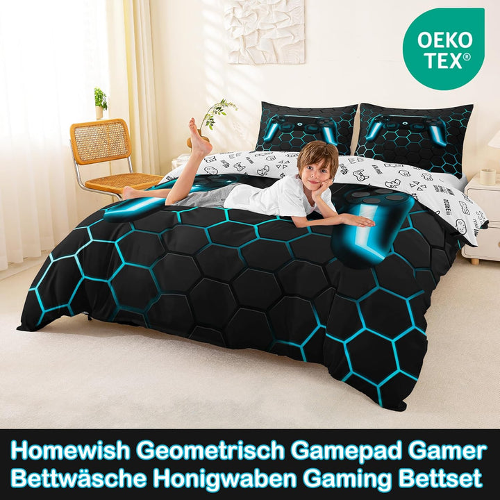 Gamer Bettwäsche Sets für Jungen,Gaming Bettbezug Set 220x240,Kinder Videospiele Trösterbezug,Geomet