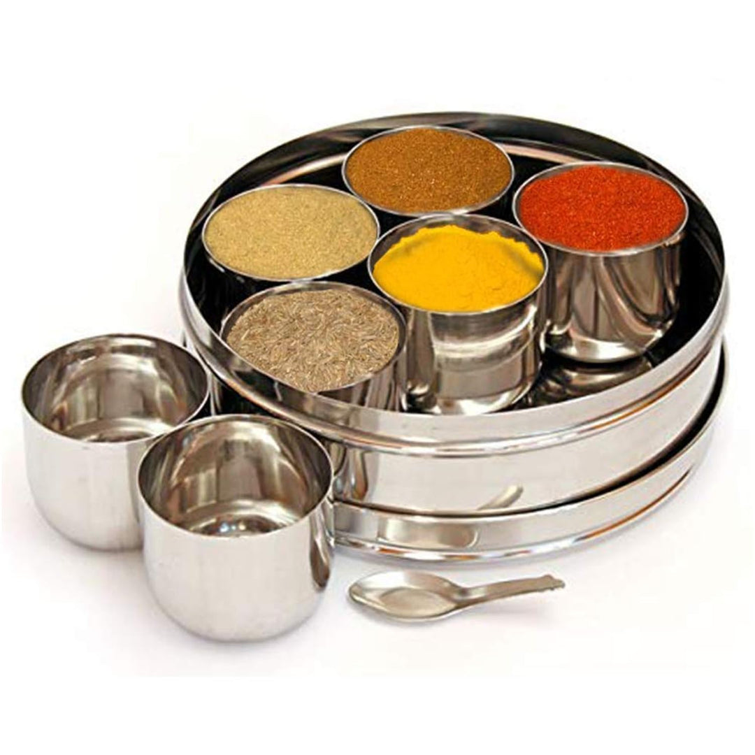 Kajal Edelstahl Masala Box 8-teilig – Gewürzbox mit Stahldeckel & kleinem Löffel | Indische Gewürzdo