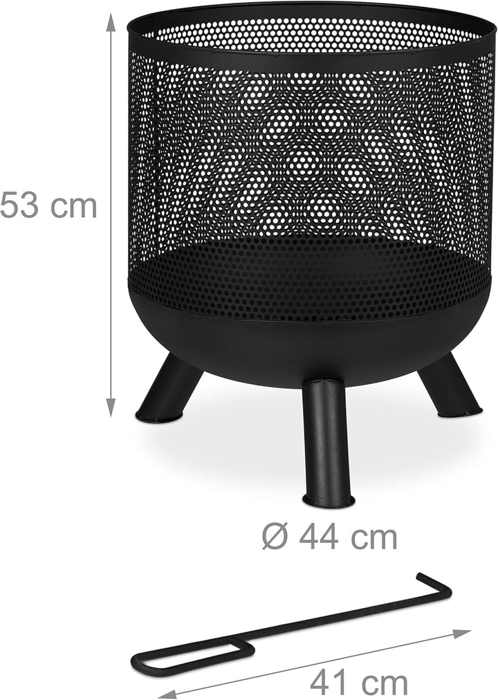 Relaxdays Feuerkorb, Mesh Design, Feuerrost, Schürhaken, Feuer im Garten, Feuertonne, Stahl, HxD: 53