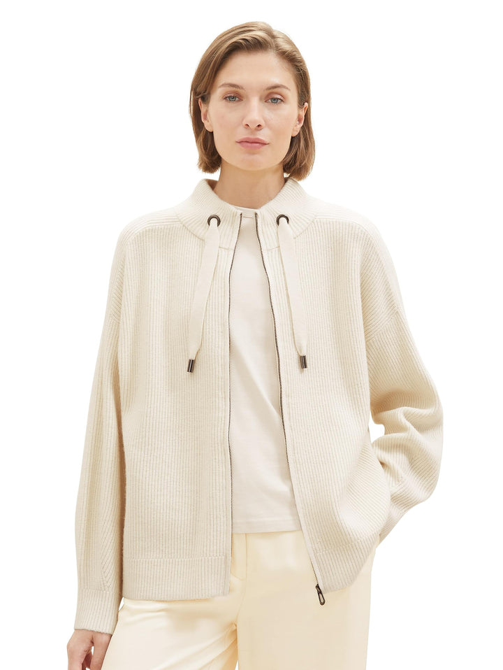 TOM TAILOR Damen Strickjacke mit Stehkragen L 10354 - Soft Beige Solid, L 10354 - Soft Beige Solid
