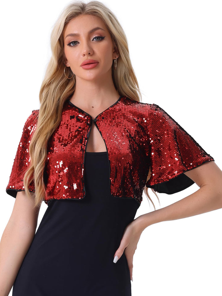 Allegra K Damen Bolero Pailletten Glitzer Shrug Party Crop Jacke L Rot, L Rot