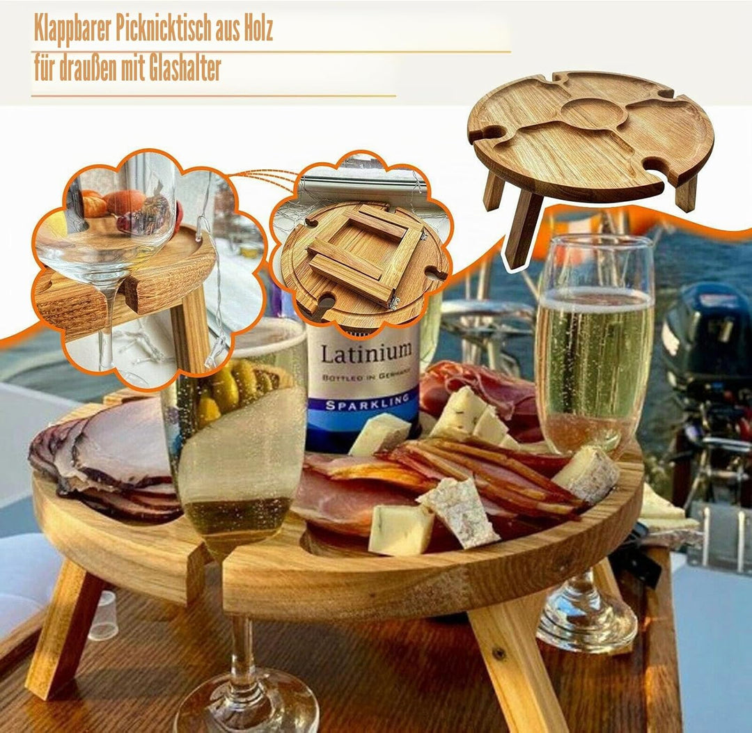 ZYLLZY Zusammenklappbarer Picknicktisch aus Holz für den Aussenbereich mit Rotweinglashalter, tragba
