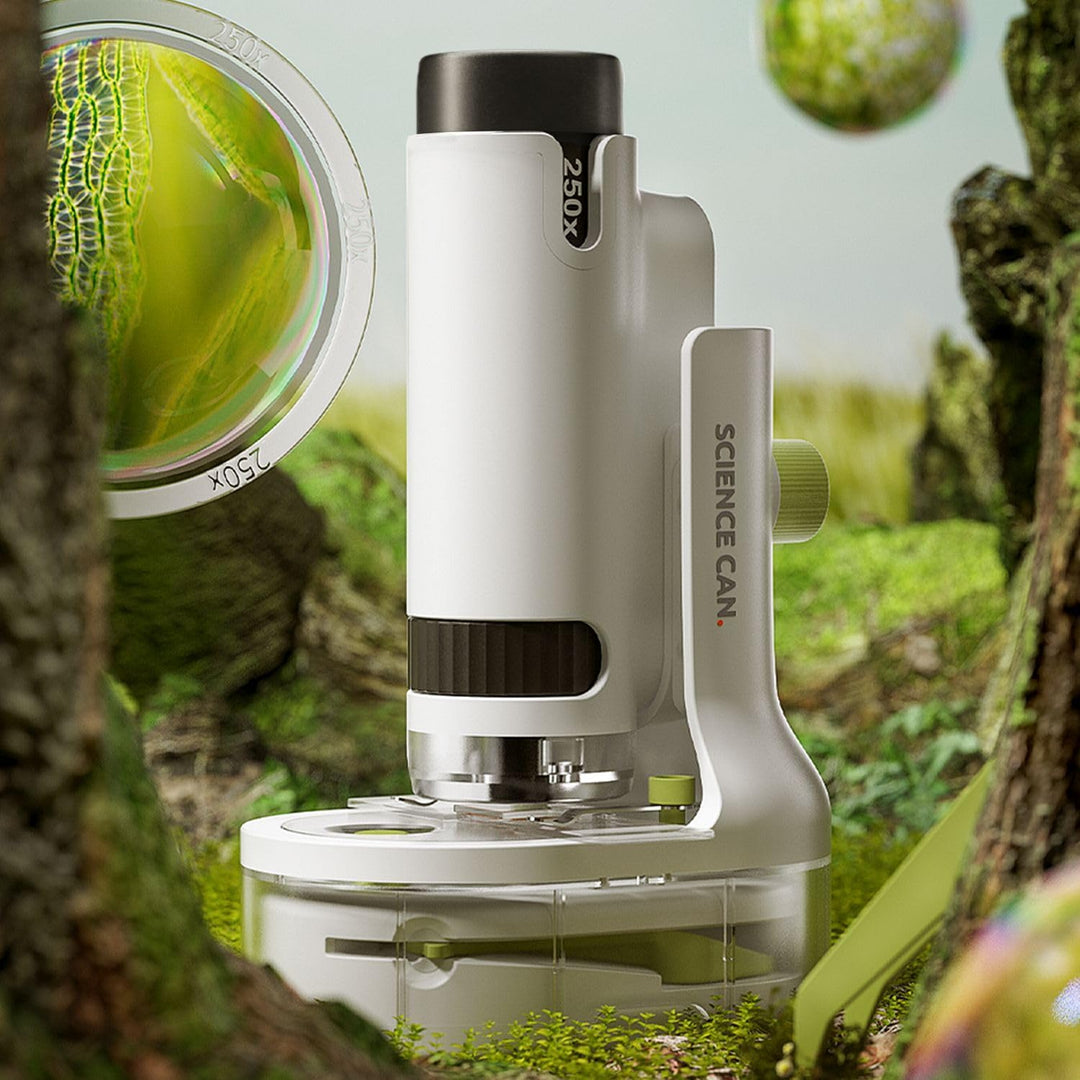 ScienceCan Mikroskop 250 Entdeckerset (Tragbares Mikroskop inkl. Ständer, Pinzette, Schaufel, Objekt