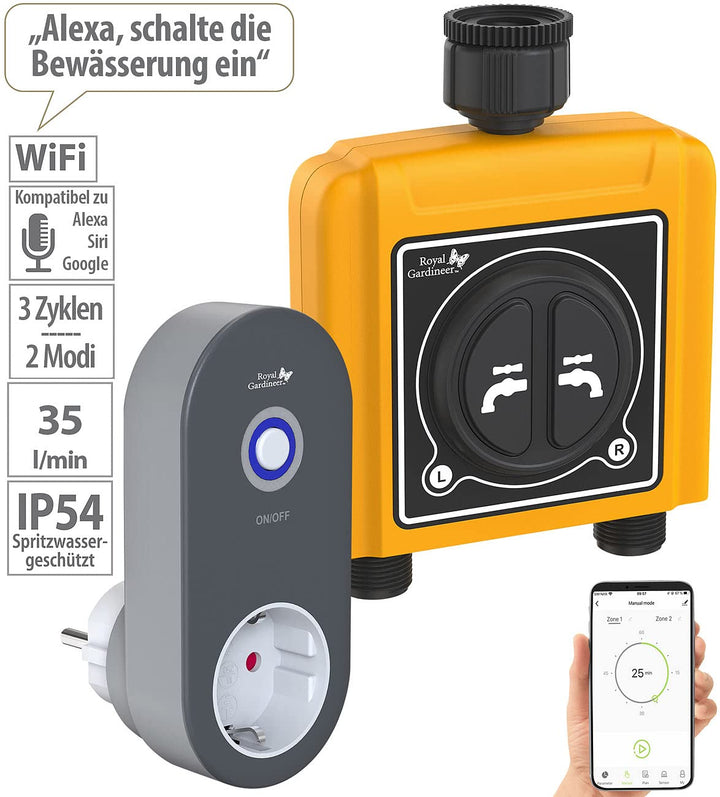 Royal Gardineer Bewässerungsventil: WLAN-Bewässerungscomputer mit Dual-Bewässerungs-Ventil & App-Ste