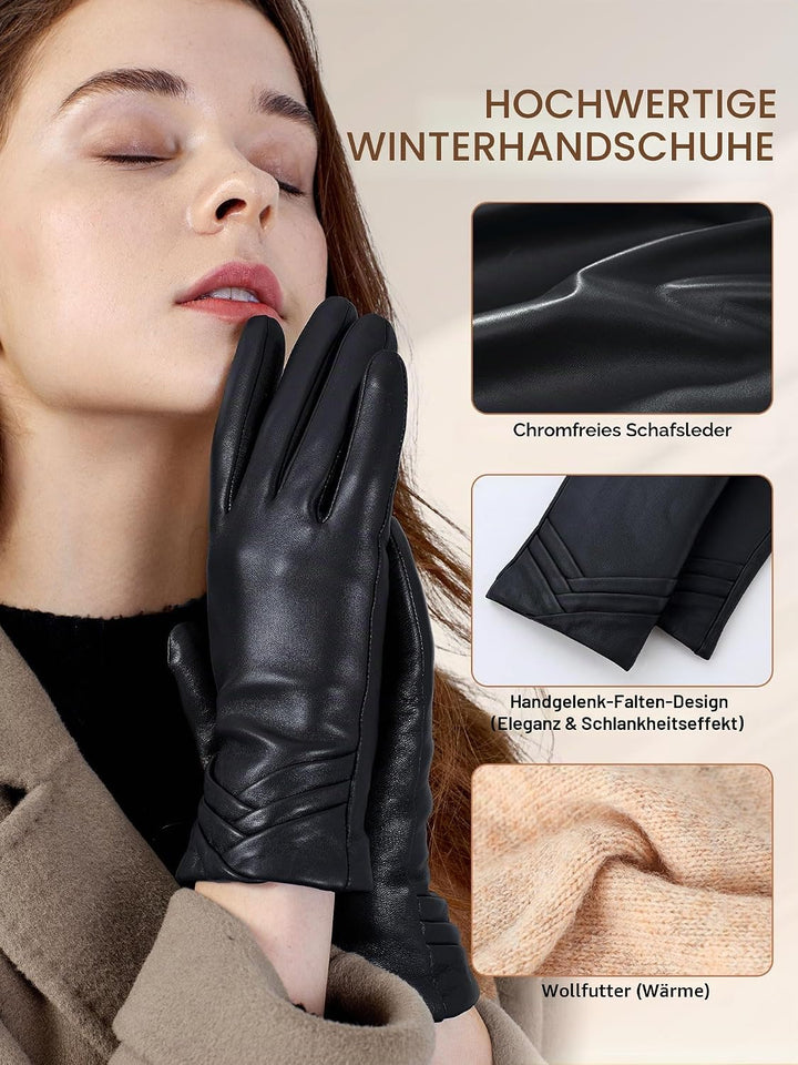 GSG SINCE 1998 Echtes Lammfell Lederhandschuhe für Damen Warm Gefütterte Touchscreen Winterhandschuh