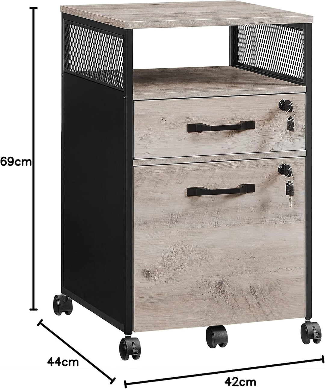 VASAGLE Hierarchivschränke, Büro-Schrank mit 2 abschliessbaren Schubladen, Rädern, offenem Regal, fü
