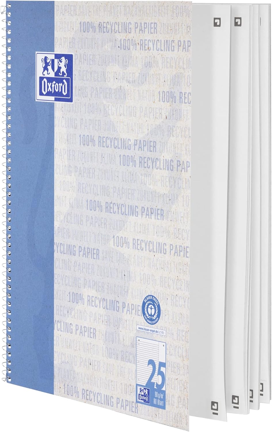 Oxford Recycling Collegeblock A4 liniert mit weissem Rand, 80 Blatt, 10 Stück, A4 liniert mit weisse