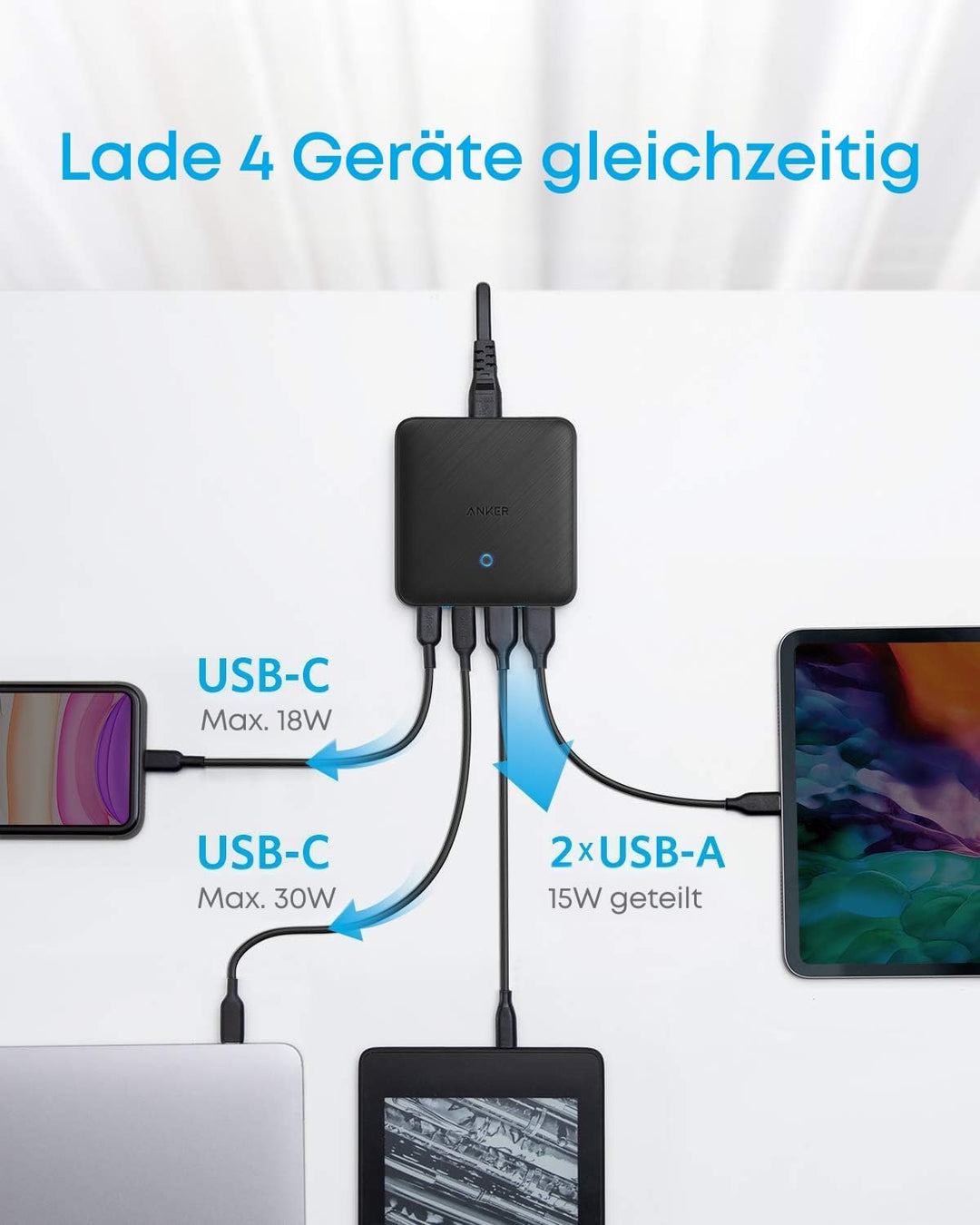 Anker USB-C Ladegerät, 543 (65W II) PIQ 3.0 & GaN 4-Port Netzteil, Dünnes Design, Zwei USB-C Anschlü