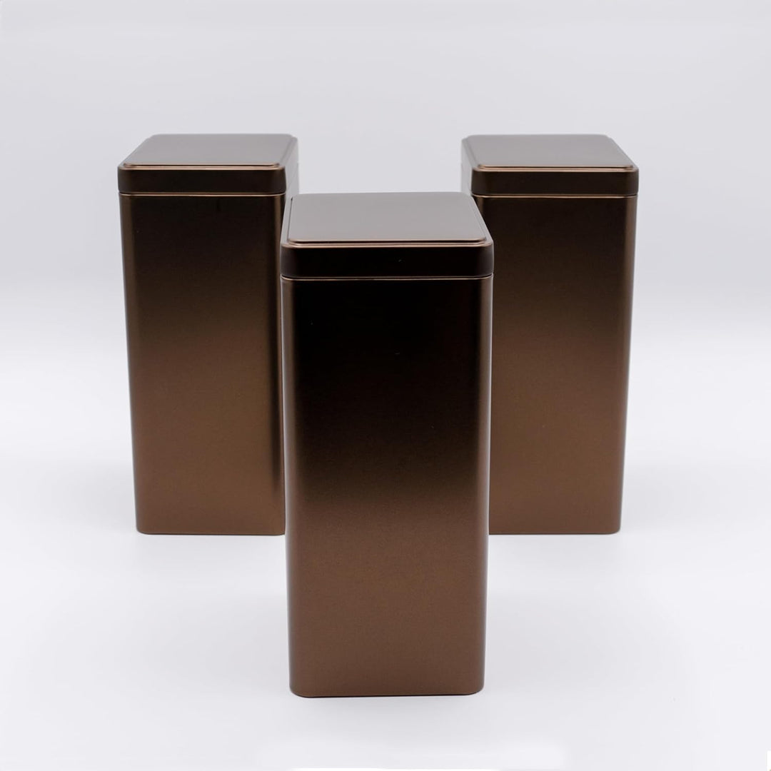 3 x eckige Kaffeedose/Teesdose, STAPELBAR, metallic kaffeebraun, aromadicht aus Metall für je 500g K