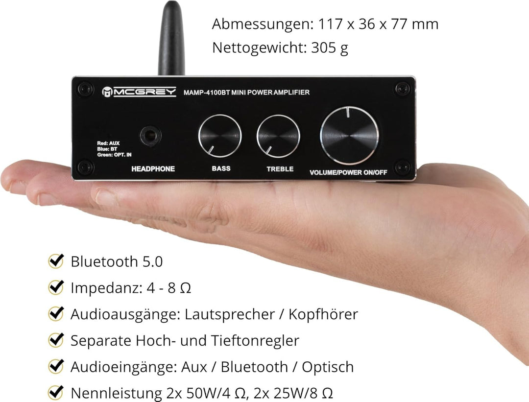 McGrey MAMP-4100BT Mini-HiFi-Verstärker - 2X 50 Watt Leistung - Bluetooth®-, Klinke- und optischer E
