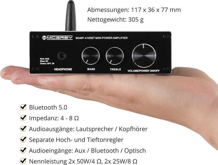 McGrey MAMP-4100BT Mini-HiFi-Verstärker - 2X 50 Watt Leistung - Bluetooth®-, Klinke- und optischer E