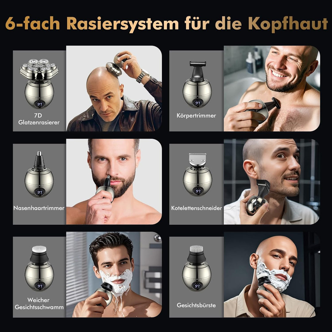 Glatzen Rasierer Herren, 6-in-1 Kopfrasierer Glatze mit 7D Magnetische Schwebender Kopf, IPX7 Wasser