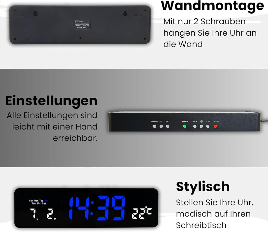 Wanduhr Digital, LED Tischuhr mit Temperaturanzeige, Wecker Snooze, 12/24-Stunden-Anzeige, LED-Uhr,