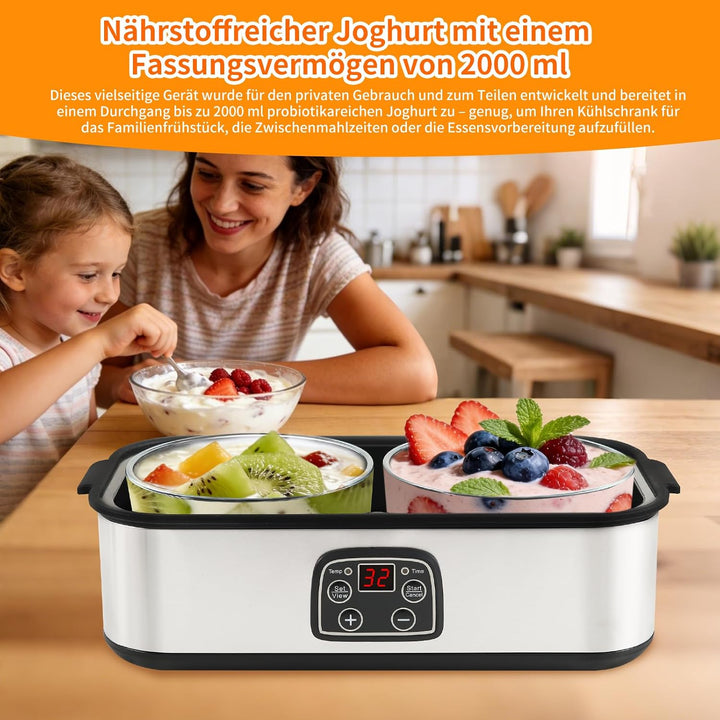 Joghurtbereiter, 2000 ml Automatischer Joghurtmaschine mit 2 Gläsern, Joghurt Maker mit Temperaturre