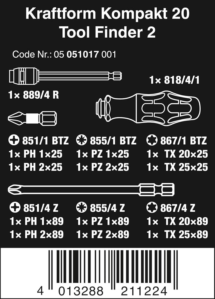 Wera 05051017001 Kraftform Kompakt 20 Tool Finder 2 mit Tasche, Schraubendreher mit Bit Magazin, 13-