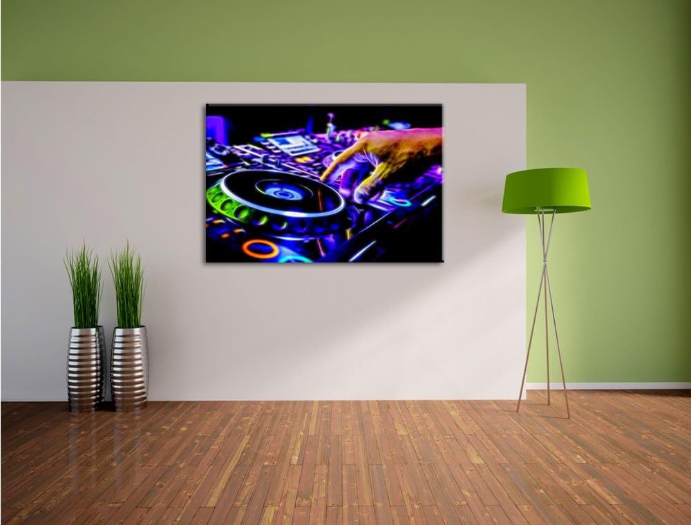 Pixxprint DJ Plattenteller, Cool Music Neon Lights Effekt, Format: 100x70 auf Leinwand, 100x70