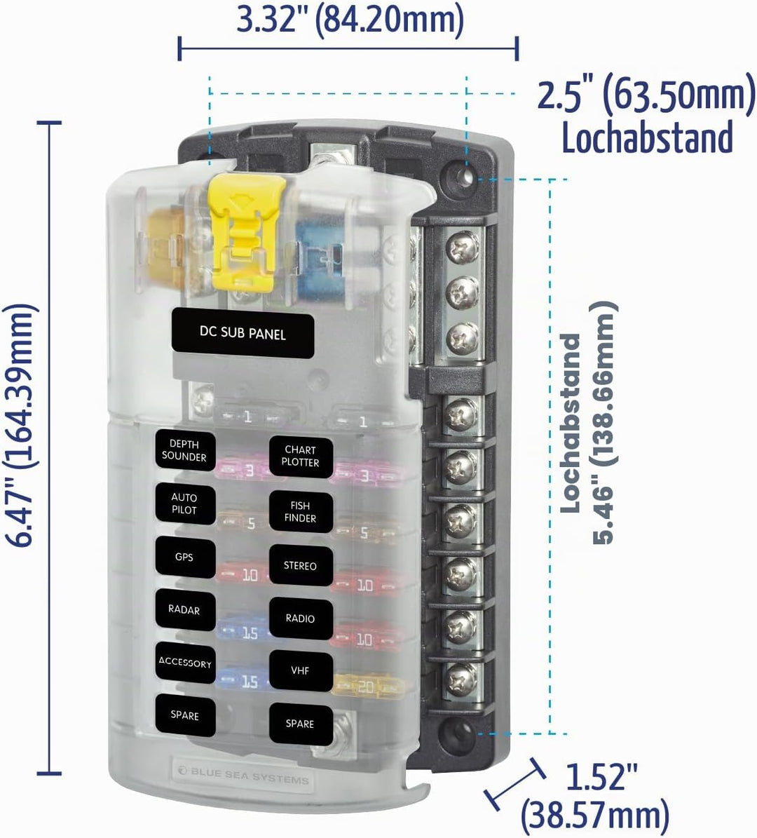 Blue Sea Systems ST Flachsicherungsblock 12 Schaltkreise mit Schutz und Negativ, 12 Schaltkreise mit