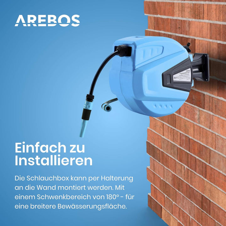 Arebos Schlauchaufroller | 15 m schwenkbare Schlauchtrommel | Wand-Schlauchbox mit Arretierstop | In