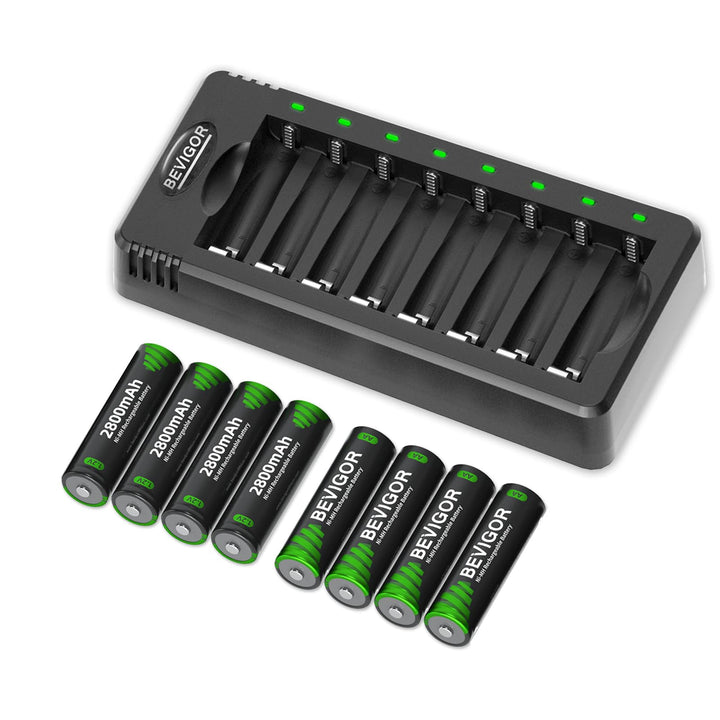 Bevigor AA NI-MH-Akku, 8 Stück AA wiederaufladbare Batterien mit 8-Positionen-Ladegerät für schnell