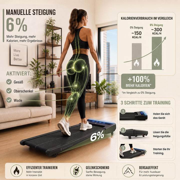 Sportstech sWalk Lite Walking Pad Laufband für Zuhause & Schreibtisch, mit Steigung 6%, bis 6 km/h,
