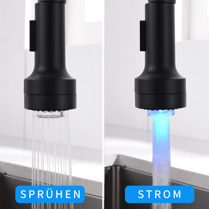 AIMADI Wasserhahn Küche Armatur Schwarz LED Küchenarmatur mit Brause 360° schwenkbar Mischbatterie S