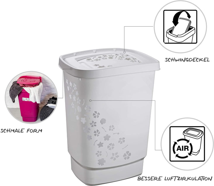 Rotho Flowers Wäschesammler 55l mit Deckel, Kunststoff (PP) BPA-frei, grau, 55l (44,7 x 34,7 x 60,5