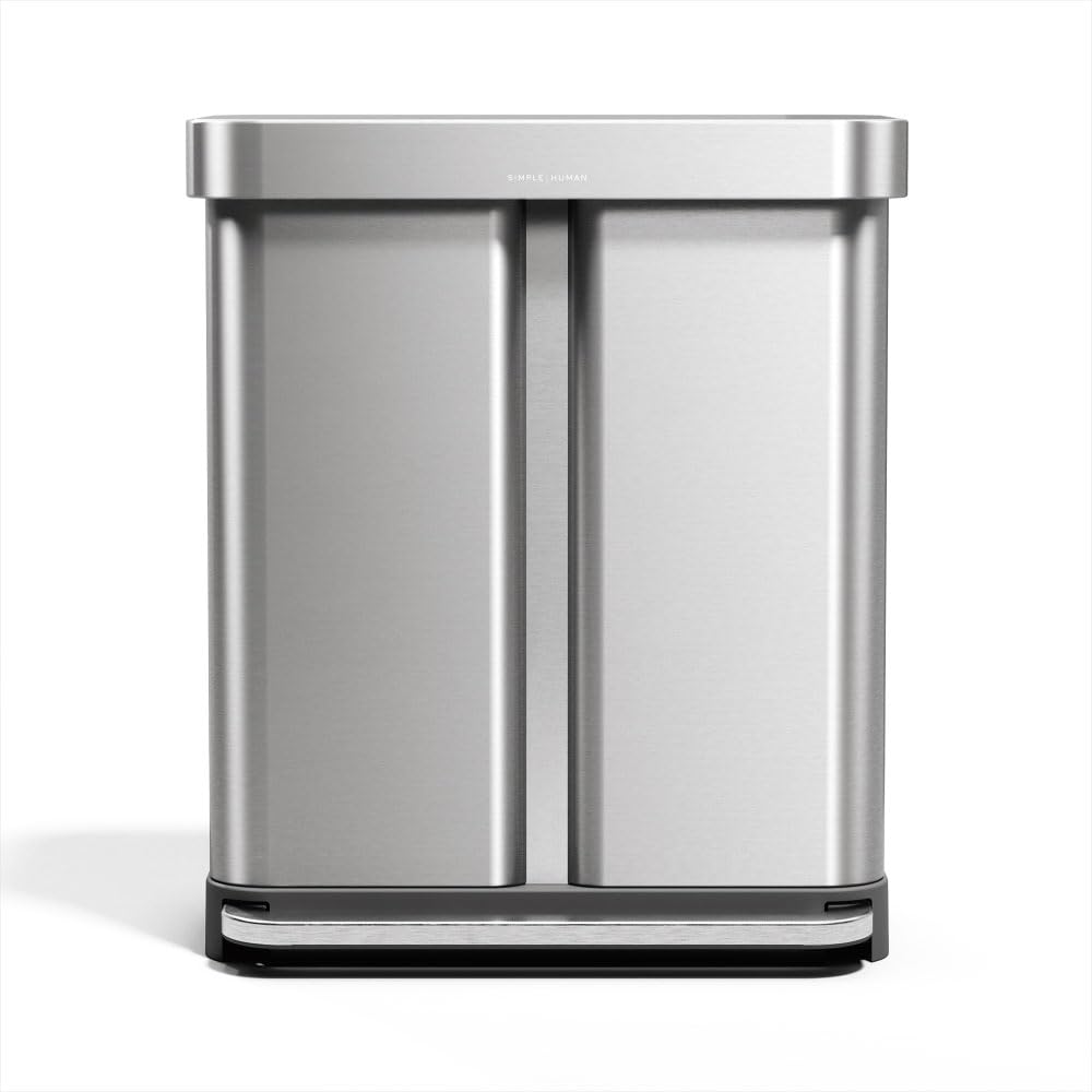 simplehuman CW2209 58 Liter, Rechteckiger Doppelfach Treteimer mit Beutelfach, Mülltrennsystem 2 Fac
