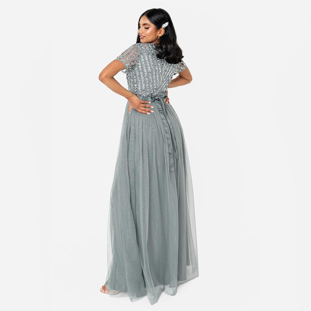 Maya Deluxe Damen Maya Deluxe V Neckline Embellished Maxi Bridesmaid Dress, Misty Green, 42 EU