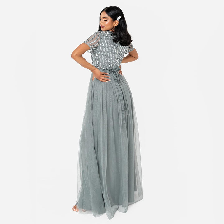 Maya Deluxe Damen Maya Deluxe V Neckline Embellished Maxi Bridesmaid Dress, Misty Green, 42 EU