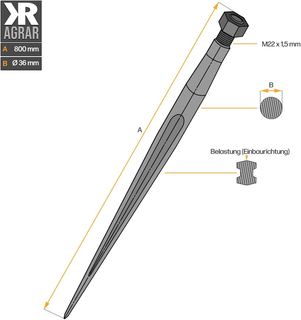 Frontladerzinken | 800 mm | M22 Gewinde | von SHW | 2 Stück | Grossballenzinken | Zinken | Frontlade
