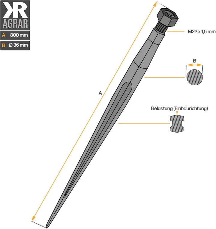 Frontladerzinken | 800 mm | M22 Gewinde | von SHW | 2 Stück | Grossballenzinken | Zinken | Frontlade