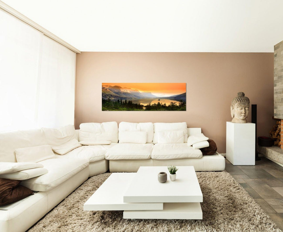 Paul Sinus Art Panoramabild auf Leinwand und Keilrahmen 120x40cm Nationalpark Bergsee Berge Wald Abe