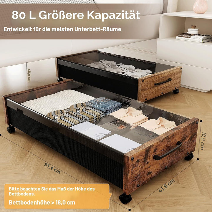 Holz-Unterbett-Aufbewahrung mit Rollen, 80L Extra-grosse rollende Unterbett-Aufbewahrungsboxen 2er-P