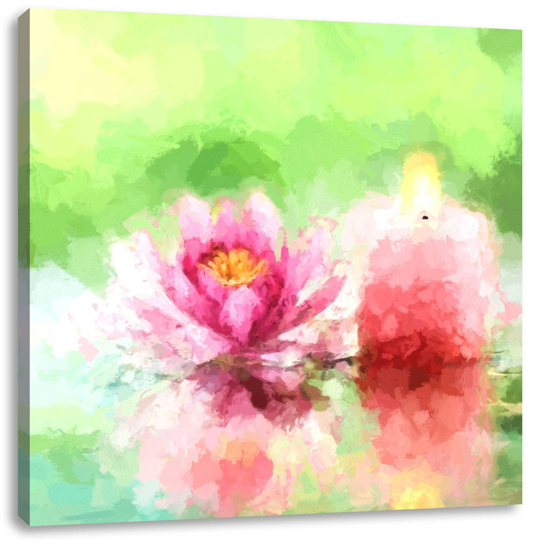 süsse Seerose neben Kerze, Format: 70x70 auf Leinwand, XXL riesige Bilder fertig gerahmt mit Keilrah