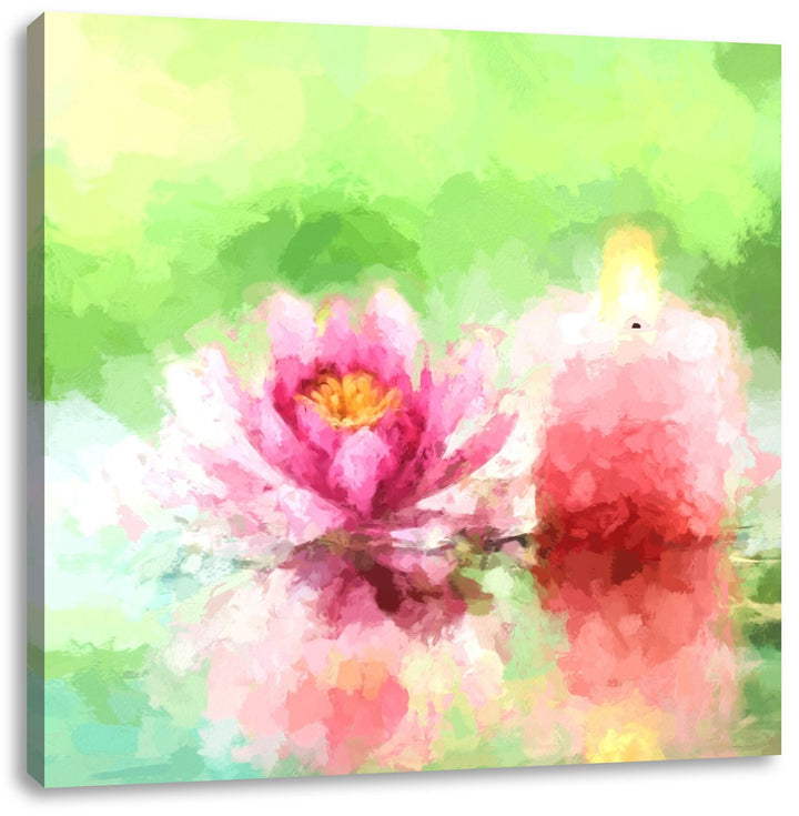 süsse Seerose neben Kerze, Format: 70x70 auf Leinwand, XXL riesige Bilder fertig gerahmt mit Keilrah