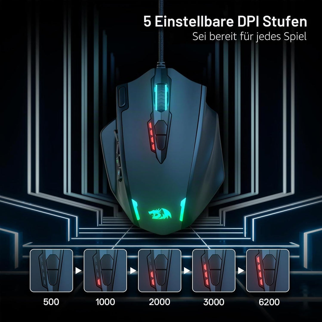 Redragon M908 Impact RGB LED MMO Maus USB Laser Gaming Maus mit 12400dpi, Hohe Präzision, 20 program
