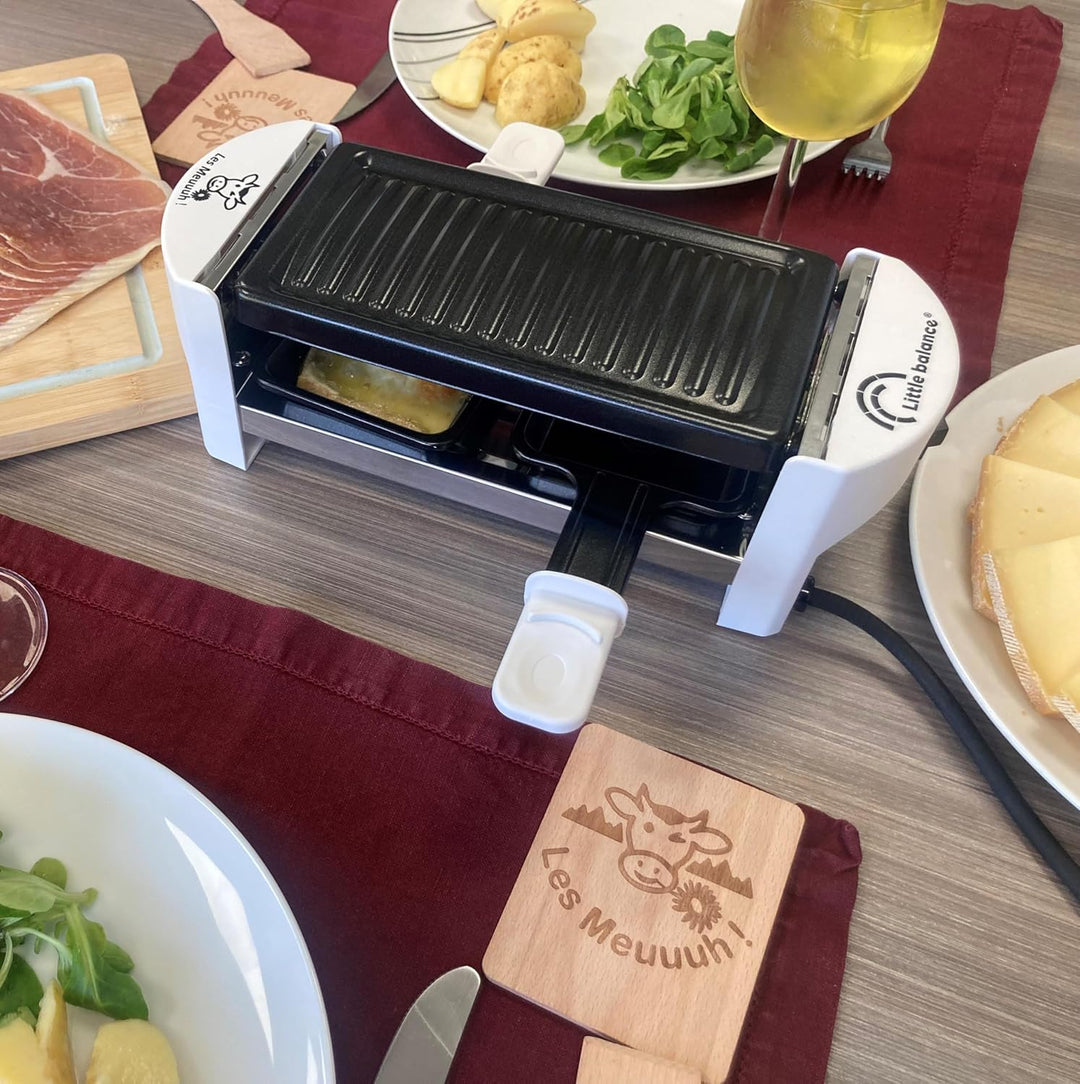 LITTLE BALANCE 8614 Raclette 2 Meuuh…, Raclettegerät für 1/2 Personen, abnehmbarer Grill, 2 Spatel +