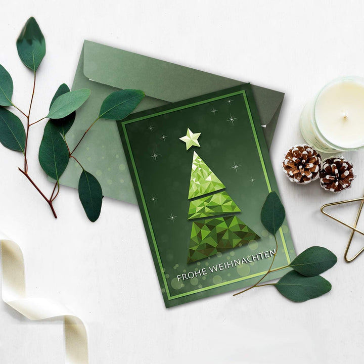 NEUSER PAPIER 75x Weihnachtskarten-Set DIN A6 mit grünem Weihnachtsbaum in Glasmosaik-Optik - Faltka