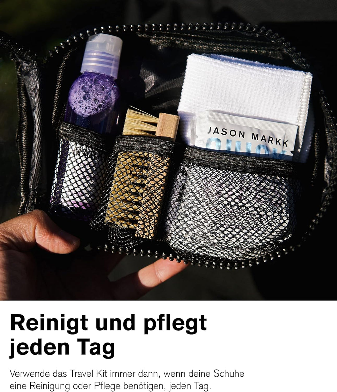 Jason Markk Reise Schuhreinigungsset - 2oz/59ml Premium Schuhreiniger, Mini Premiumbürste, 23cmx23cm