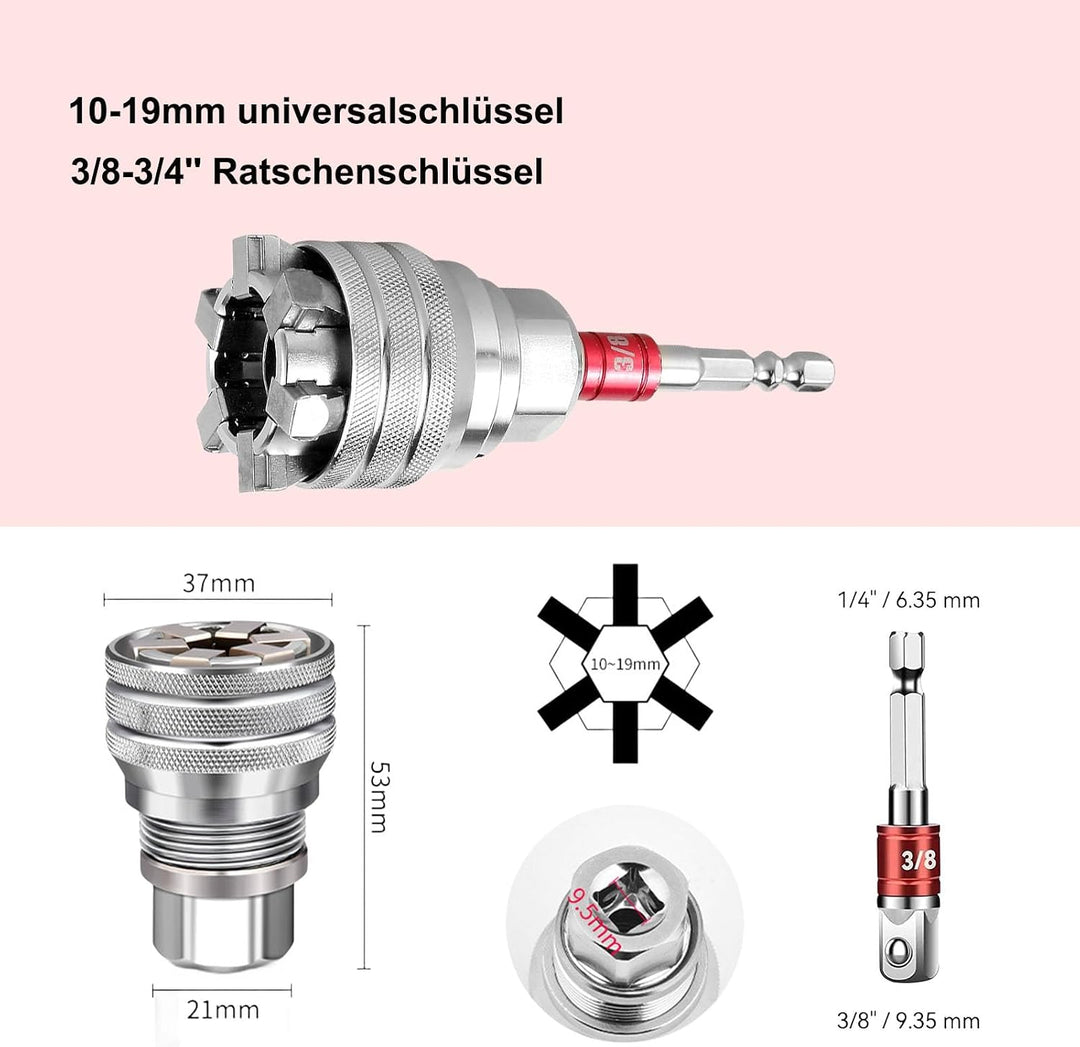 2PCS Multifunktionshülse 10mm-19mm, Verstellbarer Universal-Steckschlüssel, Metrisch 3/8-3/4&