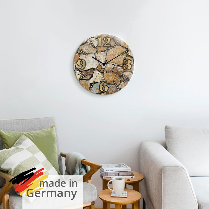 ARTLAND Wanduhr ohne Tickgeräusche aus Glas Funkuhr Ø 30 cm Rund Lautlos Ø 30 cm Braune Steinwand T9