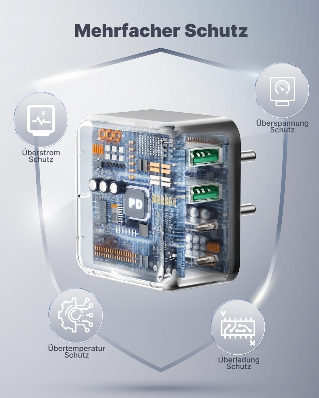 USB Ladegerät, 40W 4-Port USB C Ladegerät iPhone 15 Schnellladeblock USB C Adapter Dual Port PD+QC W