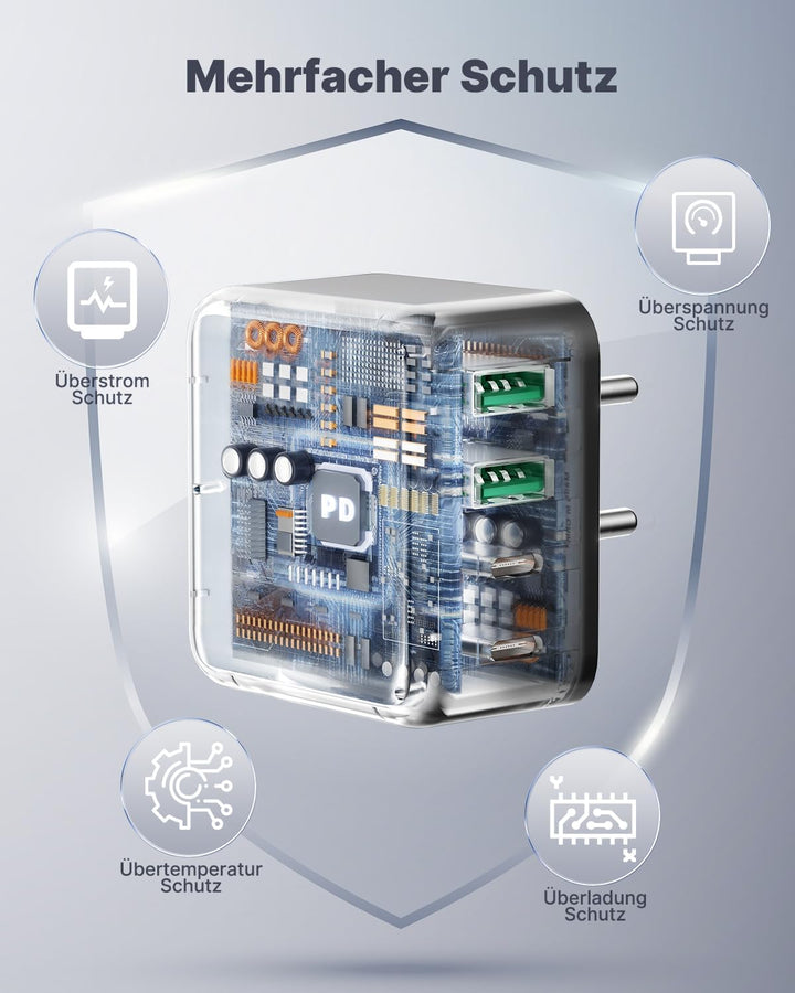 USB Ladegerät, 40W 4-Port USB C Ladegerät iPhone 15 Schnellladeblock USB C Adapter Dual Port PD+QC W