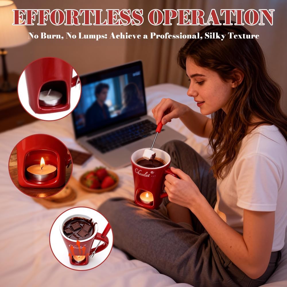 Schokofondue Tasse Set, Keramik Schokoladenfondue Tasse mit Gabel, 130ML Schoko Fondue Tassen, Persö