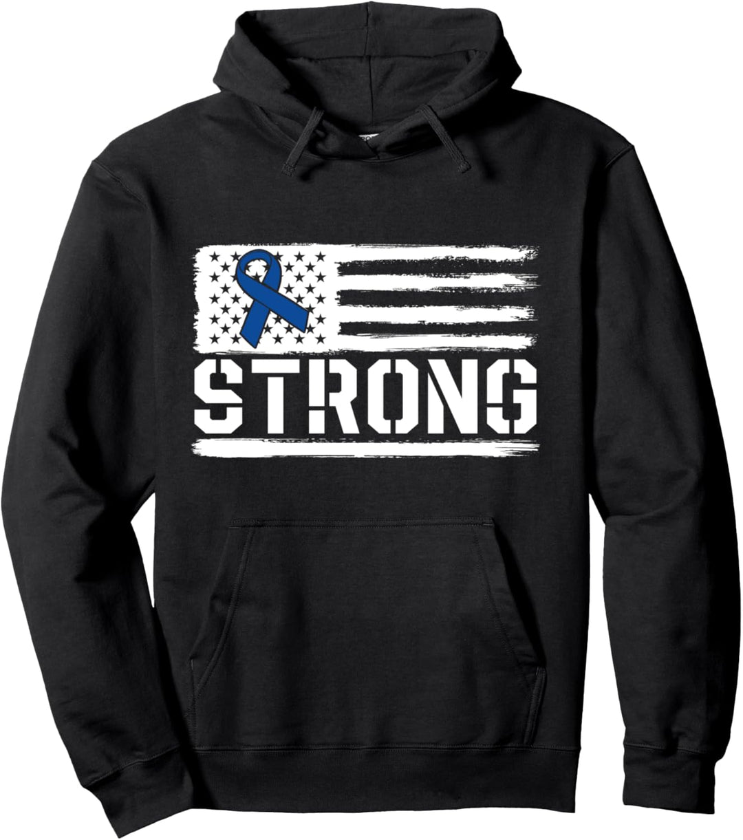 Colon Cancer Strong Blue Ribbon Awareness Fight USA Flag Pullover Hoodie