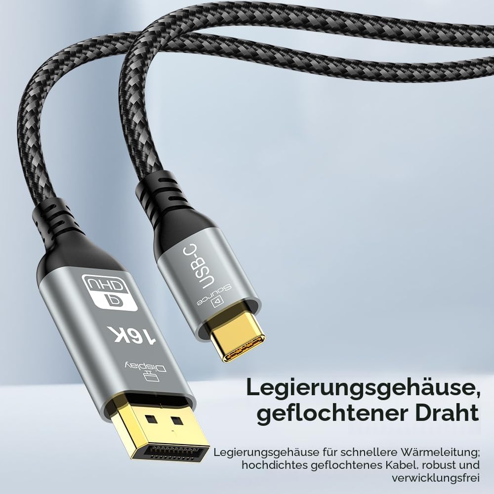 YIWENTEC USB-C zu DisplayPort 2.1 Kabel, 40Gbps, 16K 30Hz, 8K 60Hz, 4K 240Hz, Thunderbolt 4/3 zu DP,