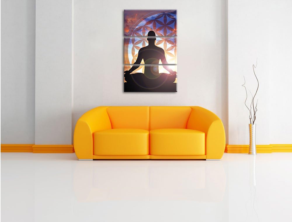 Pixxprint Meditierender Mensch Blume des Lebens 3-Teiler Leinwandbild 120x80 Bild auf Leinwand