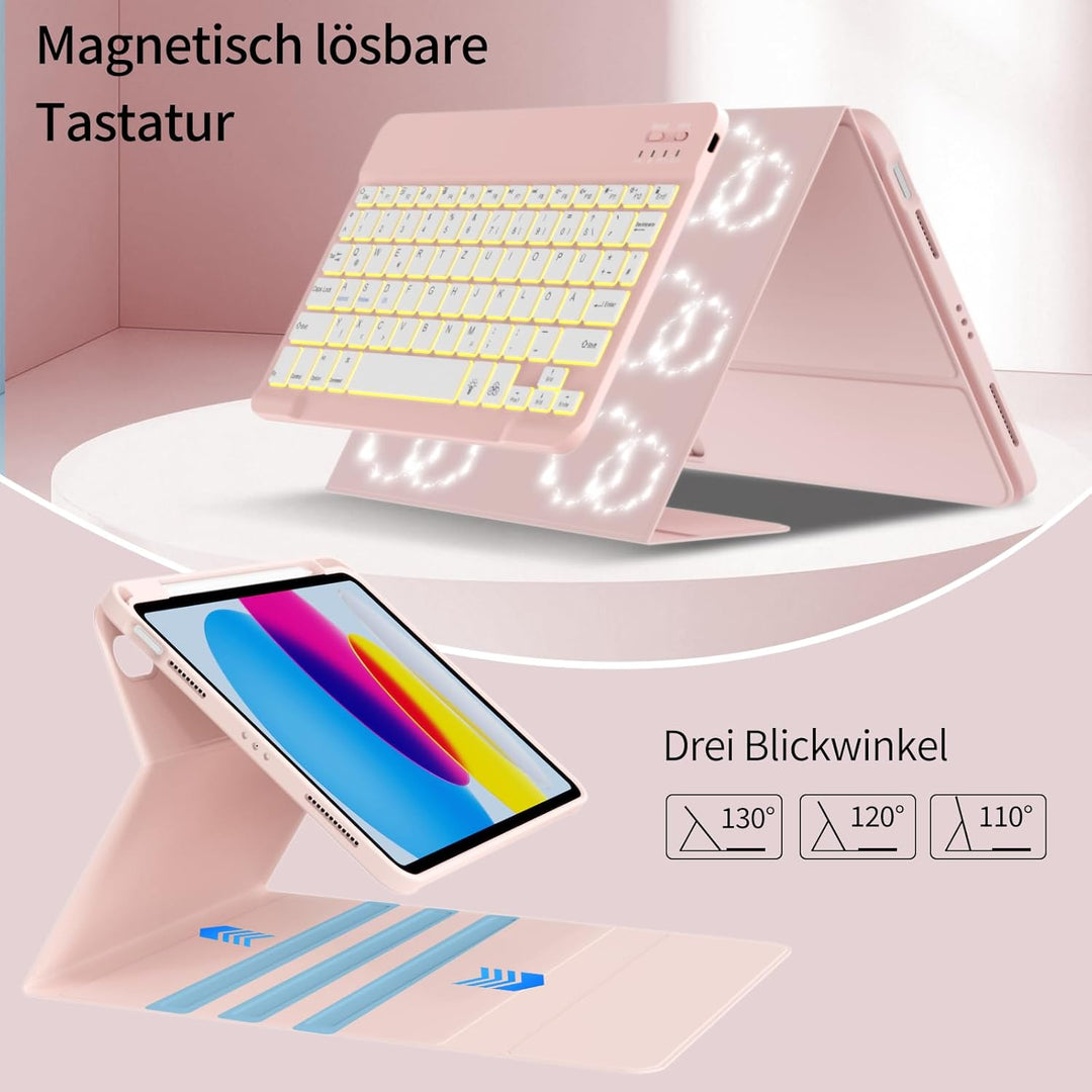 Hülle mit Tastatur für iPad A16 11/10 Generation (2025/2022, 11/10.9 Zoll)- 7 Farben Beleuchtete Mag