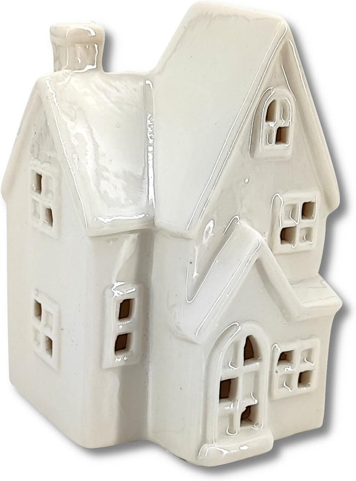 Keramik LED Haus - Lichthaus weiss glänzend 2er Set